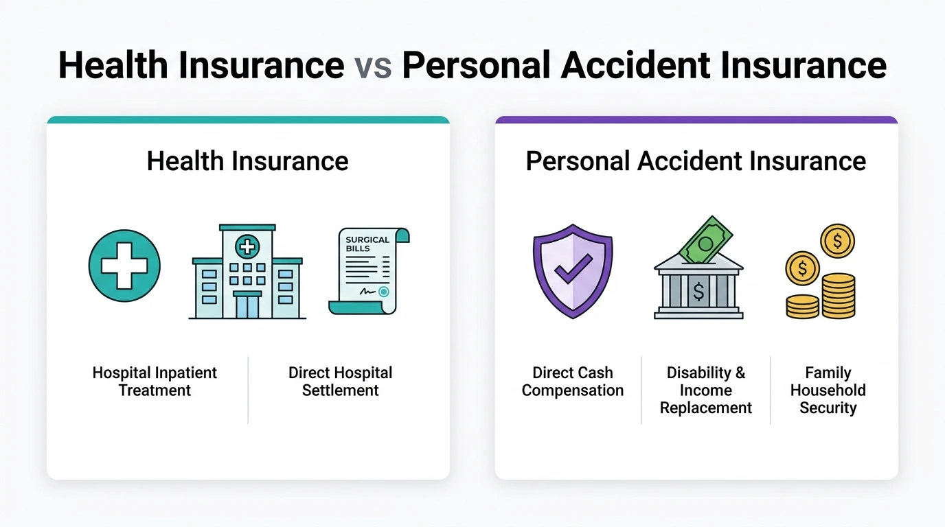"Comparison between health insurance medical claims and personal accident disability benefits"