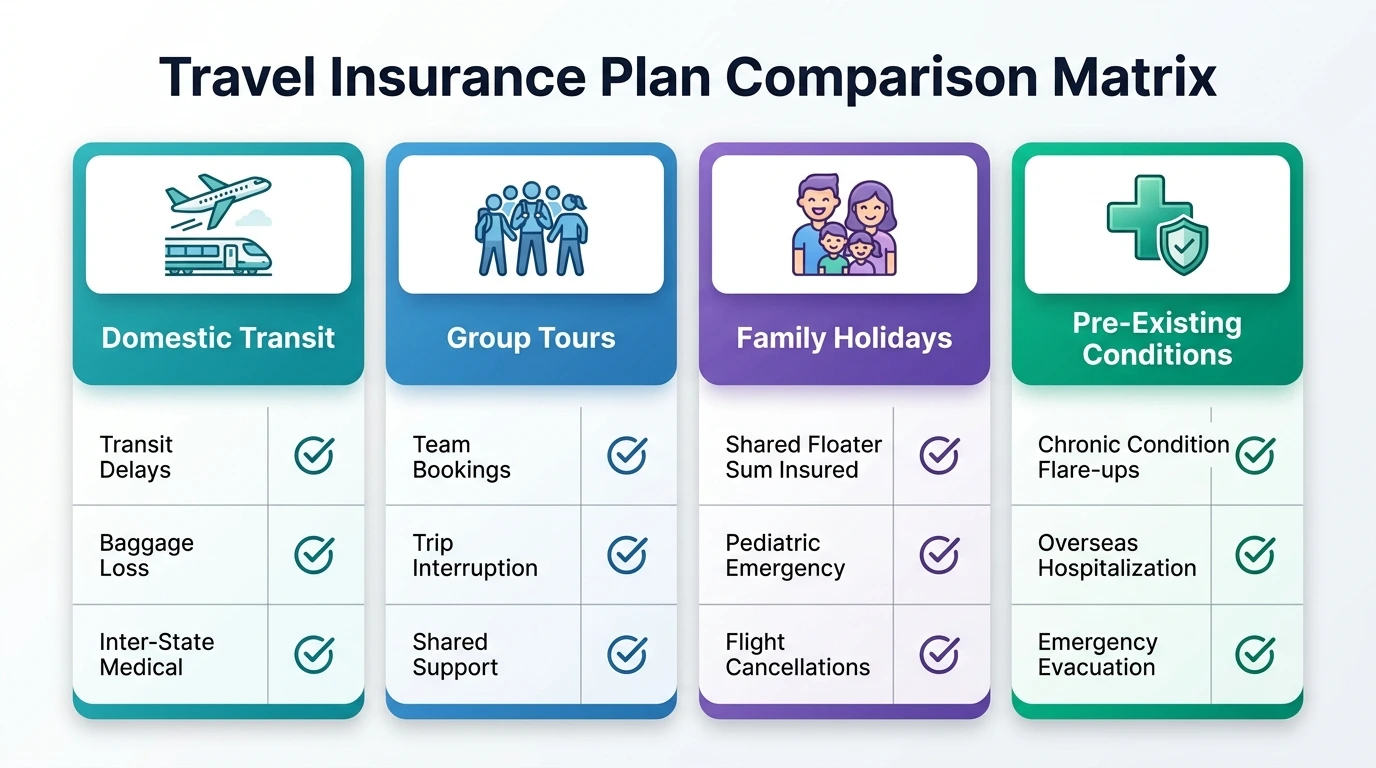 "Comparison of domestic travel insurance group travel policies and medical emergency coverage"